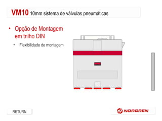 VM10 10mm sistema de válvulas pneumáticas
• Opção de Montagem
em trilho DIN
•

Flexibilidade de montagem

RETURN

 