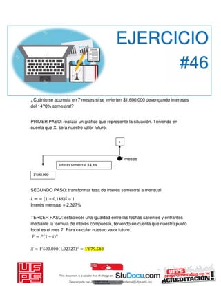 ¿Cuánto se acumula en 7 meses si se invierten $1.600.000 devengando intereses
del 14?8% semestral?
PRIMER PASO: realizar un gráfico que represente la situación. Teniendo en
cuenta que X, será nuestro valor futuro.
7 meses
SEGUNDO PASO: transformar tasa de interés semestral a mensual
𝐼. = + , −
Interés mensual = 2,327%
TERCER PASO: establecer una igualdad entre las fechas salientes y entrantes
mediante la fórmula de interés compuesto, teniendo en cuenta que nuestro punto
focal es el mes 7. Para calcular nuestro valor futuro
𝐹 = 𝑃 + 𝑖
𝑋 = ′
. , = ′ .
EJERCICIO
#46
’ .
x
Interés semestral :14,8%
Descargado por JUNIOR AOA (junioralexanderoa@ufps.edu.co)
lOMoARcPSD|3791696
 