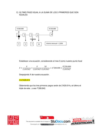 C) ÚLTIMO PAGO IGUAL A LA SUMA DE LOS 3 PRIMEROS QUE SON
IGUALES
meses
Establecer una ecuación, considerando el mes 3 como nuestro punto focal
𝑋 +
𝑋
,
+
𝑋
,
𝑋
,
= ′
. +
′
.
,
Despejando X de nuestra ecuación.
X=2’429.614
Obteniendo que los tres primeros pagos serán de 2’429.614 y el último el
triple de este , o sea 7’288.842.
X
’ .’ .
3 8
X X 3X
4 5 6
Interés mensual = 1,56%
Descargado por JUNIOR AOA (junioralexanderoa@ufps.edu.co)
lOMoARcPSD|3791696
 