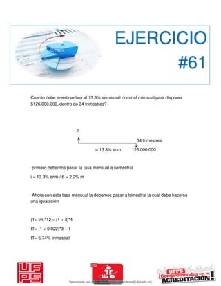 Cuanto debe invertirse hoy al 13.3% semestral nominal mensual para disponer
$126.000.000, dentro de 34 trimestres?
P
34 trimestres
i= 13.3% snm 126.000.000
primero debemos pasar la tasa mensual a semestral
i = 13.3% snm / 6 = 2.2% m
Ahora con esta tasa mensual la debemos pasar a trimestral la cual debe hacerse
una igualación
(1+ Im)*12 = (1 + it)*4
IT= (1 + 0.022)*3 – 1
IT= 6.74% trimestral
EJERCICIO
#61
Descargado por JUNIOR AOA (junioralexanderoa@ufps.edu.co)
lOMoARcPSD|3791696
 