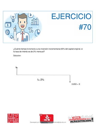 ¿Cuánto tiempo le tomará a una inversión incrementarse 65% del capital original, si
la tasa de interés es de 2% mensual?
Solucion:
X
Im: 2%
0.65X + X
EJERCICIO
#70
Descargado por JUNIOR AOA (junioralexanderoa@ufps.edu.co)
lOMoARcPSD|3791696
 