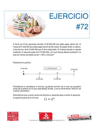 A tiene con B las siguientes deudas: $ 36.000.000 que debe pagar dentro de 14
meses $ 51.000.000 que debe pagar dentro de 28 meses. B aceptó recibir un abono,
el día de hoy, de $ 16.000.000 que A tiene disponible. Sí A desea liquidar su deuda
mediante un segundo pago de $ 75.000.000, ¿En qué tiempo deberá realizarlo? La
tasa de interés acordada es del 1,125% mensual?
Realizamos la gráfica.
Procedemos a reemplazar la formula, igualando primero las lo que se encuentra
arriba de la gráfica con lo que está debajo de ella, y con la herramienta “SOLVE” de
nuestra calculadora.
Recordemos que cuando vamos de derecha a izquierda pasa a dividir la siguiente
la siguiente parte de la fórmula:
EJERCICIO
#72
Descargado por JUNIOR AOA (junioralexanderoa@ufps.edu.co)
lOMoARcPSD|3791696
 