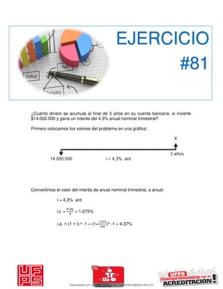 ¿Cuánto dinero se acumula al final de 3 años en su cuenta bancaria, si invierte
$14.000.000 y gana un interés del 4,3% anual nominal trimestral?
Primero colocamos los valores del problema en una gráfica:
Convertimos el valor del interés de anual nominal trimestral, a anual:
i = 4,3% ant.
i.t. =
4.3%
4
= 1.075%
i.a. = (1 + i) ⁿ -1 = (1+
.
⁴ -1 = 4.37%
EJERCICIO
#81
Descargado por JUNIOR AOA (junioralexanderoa@ufps.edu.co)
lOMoARcPSD|3791696
 