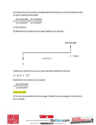 Se calcula X con la ecuación correspondiente teniendo en cuenta que flechas arriba
es igual a flechas hacia abajo
X=
$ . .
+ .
+
$ . .
+ .
X=$15.343.015
B) Realizamos la gráfica con los datos dados por el ejercicio
Hallamos el valor de X que es el valor presente mediante la fórmula
F = P + i
Sustituimos los valores en la ecuación
X=
$ . .
+ .
X=$16.314.657
R/ Es más conveniente la forma de pago A debido a que así pagará menos dinero
por su deuda.
X
$18.920.000
6 meses
𝑖= 2.5 % m
Descargado por JUNIOR AOA (junioralexanderoa@ufps.edu.co)
lOMoARcPSD|3791696
 