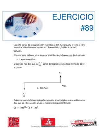 Las 8/13 partes de un capital están invertidas al 3.35 % mensual y el resto al 15 %
semestral, si los intereses anuales son $14.000.000. ¿Cuál es el capital?
Solución:
El primer paso es hacer las gráficas de acuerdo a los datos que nos da el ejercicio
 La primera gráfica:
El ejercicio nos dice que las
𝑋
partes del capital con una tasa de interés del 𝑖=
3.35 % m
Debemos convertir la tasa de interés mensual a anual debido a que el problema nos
dice que los intereses son anuales, mediante la siguiente fórmula:
+ im = + ia
EJERCICIO
#89
𝑋
F1
Años
𝑖= 3.35 % m
Descargado por JUNIOR AOA (junioralexanderoa@ufps.edu.co)
lOMoARcPSD|3791696
 