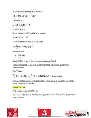 Sustituimos los valores en la ecuación
+ . = + ia
Despejando 𝑖a
𝑖a= + . -1
𝑖a=32.25 % a
Ahora hallamos el F2 mediante la fórmula
F = P + i
Sustituimos los valores en la ecuación
F2=
𝑋
+ .
Sabemos que:
 F=F1+F2
 F=P+ I
donde P=X que son el valor presente quedando F=X+I
Igualamos las dos ecuaciones y reemplazamos los valores que se halló
anteriormente
F1+F2=X+I
𝑋
+ . +
𝑋
+ . =X + $14.000.000
Ingresamos la ecuación en la calculadora, resolvemos la ecuación con Shift +
Solve y arrojará el valor de X
X=$33.379.183
R/ El capital es de $33.379.183
NOTA: Los intereses lo da el ejercicio y el valor de F1 y F2 son los que hallamos
anteriormente.
Descargado por JUNIOR AOA (junioralexanderoa@ufps.edu.co)
lOMoARcPSD|3791696
 