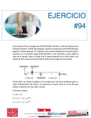 Una empresa firma un pagaré por $120.000.000 a 90 días, a 25% de interés anual
nominal trimestral. Treinta días después, contrae una deuda por $100.000.000 para
pagarla 2 meses después, sin intereses. Dos meses después de la primera fecha,
acuerda con un acreedor pagar $150.000.000 en ese momento y, para saldar el
resto de su deuda, hacer un pago final 3 meses después de la última fecha, con
interés de 30% anual nominal bimestral. Determine el pago final convenido.
120000000 100000000
Hoy 90 150 240 (días)
𝑖: % 𝑇 150000000 𝑖: % x
Primer paso: se realiza la gráfica con los datos que nos da el problema para un
mejor entendimiento del mismo, le colocamos el punto focal en el día 90 para
realizar el ejercicio de una mejor manera
Formulas a utilizar:
f = p + i n
+ 𝑖 = + 𝑖
+ 𝑖 = + 𝑖
EJERCICIO
#94
Descargado por JUNIOR AOA (junioralexanderoa@ufps.edu.co)
lOMoARcPSD|3791696
 