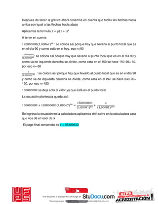 Después de tener la gráfica ahora tenemos en cuenta que todas las flechas hacia
arriba son igual a las flechas hacia abajo
Aplicamos la formula f = p + i n
A tener en cuenta
, : se coloca así porque hay que llevarlo al punto focal que es
en el día 90 y como está en el hoy, eso n=90
,
: se coloca así porque hay que llevarlo al punto focal que es en el día 90 y
como va de izquierda derecha se divide, como está en el 150 se hace 150-90= 60,
por eso n= 60
𝑥
,
: se coloca así porque hay que llevarlo al punto focal que es en el día 90
y como va de izquierda derecha se divide, como está en el 240 se hace 240-90=
150, por eso n=150
se deja solo el valor ya que está en el punto focal
La ecuación planteada queda así:
+ , =
,
+
𝑥
,
Se ingresa la ecuación en la calculadora aplicamos shift solve en la calculadora para
que nos dé el valor de x
El pago final convenido es x = 95489630
Descargado por JUNIOR AOA (junioralexanderoa@ufps.edu.co)
lOMoARcPSD|3791696
 