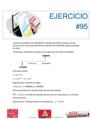 ¿Qué día se prestaron $13.450,000 con intereses del 8?9% trimestral nominal
quincenal si el 5 de octubre del 2018 se regresaron $13.888,000, dejando la deuda
en ceros.
Primer paso: realizamos la gráfica con los datos que nos indica el problema
13888000
0 𝑖: , % 5/oct/2018
13450000
Formulas a utilizar:
f = p + i n
+ 𝑖 = + 𝑖
Segundo paso: sacamos los datos
𝑖: , % ; f: 13888000; p: 13450000
Ahora se transforma la tasa de interés de nominal a efectiva
, %
= , % se divide en 6 porque hay que tener en cuenta que en un trimestre
hay 6 quincenas
la dividimos en 100 para hallar el numero decimal 𝑖 = ,
EJERCICIO
#95
Descargado por JUNIOR AOA (junioralexanderoa@ufps.edu.co)
lOMoARcPSD|3791696
 