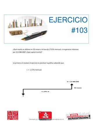 ¿Qué monto se obtiene en 50 meses a la tasa de 1?15% mensual, si se ganaron intereses
por $13.980.000? ¿Qué capital invirtió?
Lo primero al resolver el ejercicio es plantear la gráfica sabiendo que:
𝑖 = , % mensual.
EJERCICIO
#103
Descargado por JUNIOR AOA (junioralexanderoa@ufps.edu.co)
lOMoARcPSD|3791696
 