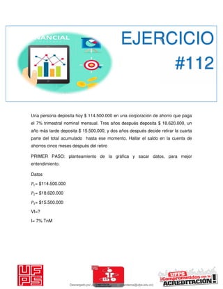 Una persona deposita hoy $ 114.500.000 en una corporación de ahorro que paga
el 7% trimestral nominal mensual. Tres años después deposita $ 18.620.000, un
año más tarde deposita $ 15.500.000, y dos años después decide retirar la cuarta
parte del total acumulado hasta ese momento. Hallar el saldo en la cuenta de
ahorros cinco meses después del retiro
PRIMER PASO: planteamiento de la gráfica y sacar datos, para mejor
entendimiento.
Datos
𝑃 = $114.500.000
𝑃 = $18.620.000
𝑃 = $15.500.000
Vf=?
I= 7% TnM
EJERCICIO
#112
Descargado por JUNIOR AOA (junioralexanderoa@ufps.edu.co)
lOMoARcPSD|3791696
 