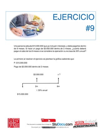 Una persona adeuda $15.000.000 que ya incluyen intereses, y debe pagarlos dentro
de 8 meses. Si hace un pago de $3.000.000 dentro de 2 meses, ¿cuánto deberá
pagar al cabo de los 8 meses si se considera la operación a una tasa de 30% anual?
Lo primero al resolver el ejercicio es plantear la gráfica sabiendo que:
P: $15.000.000
Pago de $3.000.000 dentro de 2 meses
$3.000.000 x ?
2m 8m
i: 30% anual
$15.000.000
EJERCICIO
#9
Descargado por JUNIOR AOA (junioralexanderoa@ufps.edu.co)
lOMoARcPSD|3791696
 