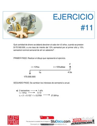 Qué cantidad de dinero se deberá devolver al cabo de 4,5 años, cuando se prestan
$175´000.000, a una tasa de interés del 13% semestral por el primer año y 15%
semestral nominal semanal de ahí en adelante?
PRIMER PASO: Realizar el dibujo que represente el ejercicio.
SEGUNDO PASO: Se cambian los intereses de semestral a anual.
a) 2 semestres 1 año
i = 13%s 0.13
ia = (1 + 0.13)2 -1 = 0.2769 27.69%a
EJERCICIO
#11
Descargado por JUNIOR AOA (junioralexanderoa@ufps.edu.co)
lOMoARcPSD|3791696
 