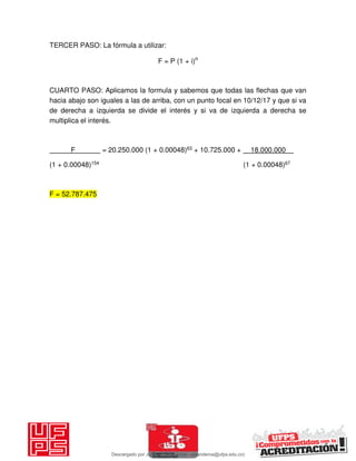 TERCER PASO: La fórmula a utilizar:
F = P (1 + i)n
CUARTO PASO: Aplicamos la formula y sabemos que todas las flechas que van
hacia abajo son iguales a las de arriba, con un punto focal en 10/12/17 y que si va
de derecha a izquierda se divide el interés y si va de izquierda a derecha se
multiplica el interés.
F = 20.250.000 (1 + 0.00048)63 + 10.725.000 + 18.000.000__
(1 + 0.00048)154 (1 + 0.00048)67
F = 52.787.475
Descargado por JUNIOR AOA (junioralexanderoa@ufps.edu.co)
lOMoARcPSD|3791696
 
