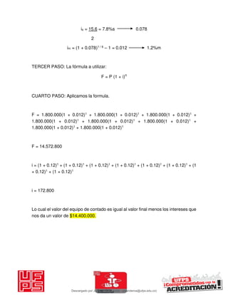 is = 15.6 = 7.8%s 0.078
2
im = (1 + 0.078)1 / 6 – 1 = 0.012 1.2%m
TERCER PASO: La fórmula a utilizar:
F = P (1 + i)n
CUARTO PASO: Aplicamos la formula.
F = 1.800.000(1 + 0.012)1 + 1.800.000(1 + 0.012)1 + 1.800.000(1 + 0.012)1 +
1.800.000(1 + 0.012)1 + 1.800.000(1 + 0.012)1 + 1.800.000(1 + 0.012)1 +
1.800.000(1 + 0.012)1 + 1.800.000(1 + 0.012)1
F = 14.572.800
i = (1 + 0.12)1 + (1 + 0.12)1 + (1 + 0.12)1 + (1 + 0.12)1 + (1 + 0.12)1 + (1 + 0.12)1 + (1
+ 0.12)1 + (1 + 0.12)1
i = 172.800
Lo cual el valor del equipo de contado es igual al valor final menos los intereses que
nos da un valor de $14.400.000.
Descargado por JUNIOR AOA (junioralexanderoa@ufps.edu.co)
lOMoARcPSD|3791696
 