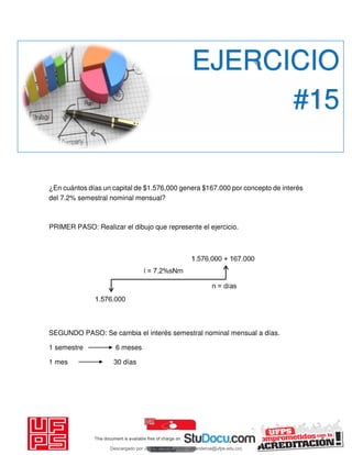 ¿En cuántos días un capital de $1.576,000 genera $167.000 por concepto de interés
del 7.2% semestral nominal mensual?
PRIMER PASO: Realizar el dibujo que represente el ejercicio.
SEGUNDO PASO: Se cambia el interés semestral nominal mensual a días.
1 semestre 6 meses
1 mes 30 días
EJERCICIO
#15
Descargado por JUNIOR AOA (junioralexanderoa@ufps.edu.co)
lOMoARcPSD|3791696
 