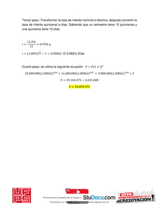 Tercer paso: Transformar la tasa de interés nominal a efectiva, después convertir la
tasa de interés quincenal a días. Sabiendo que un semestre tiene 12 quincenas y
una quincena tiene 15 días.
i =
. %
= . % q
i = . − = . O 0.062% Días
Cuarto paso: se utiliza la siguiente ecuación F = P + i n
. . . + . . . = . . . + F
F = . . − . .
F = . .
Descargado por JUNIOR AOA (junioralexanderoa@ufps.edu.co)
lOMoARcPSD|3791696
 
