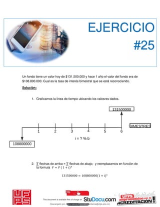 Un fondo tiene un valor hoy de $131.500.000 y hace 1 año el valor del fondo era de
$108.800.000. Cual es la tasa de interés bimestral que se está reconociendo.
Solución:
1. Graficamos la linea de tiempo ubicando los valosres dados.
2. ∑ flechas de arriba = ∑ flechas de abajo; y reemplazamos en función de
la formula 𝐹 = 𝑃 + 𝑖
= + 𝑖
EJERCICIO
#25
Descargado por JUNIOR AOA (junioralexanderoa@ufps.edu.co)
lOMoARcPSD|3791696
 