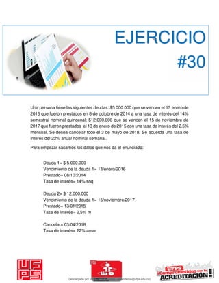 Una persona tiene las siguientes deudas: $5.000.000 que se vencen el 13 enero de
2016 que fueron prestados en 8 de octubre de 2014 a una tasa de interés del 14%
semestral nominal quincenal; $12.000.000 que se vencen el 15 de noviembre de
2017 que fueron prestados el 13 de enero de 2015 con una tasa de interés del 2.5%
mensual. Se desea cancelar todo el 3 de mayo de 2018. Se acuerda una tasa de
interés del 22% anual nominal semanal.
Para empezar sacamos los datos que nos da el enunciado:
Deuda 1= $ 5.000.000
Vencimiento de la deuda 1= 13/enero/2016
Prestado= 08/10/2014
Tasa de interés= 14% snq
Deuda 2= $ 12.000.000
Vencimiento de la deuda 1= 15/noviembre/2017
Prestado= 13/01/2015
Tasa de interés= 2,5% m
Cancelar= 03/04/2018
Tasa de interés= 22% anse
EJERCICIO
#30
Descargado por JUNIOR AOA (junioralexanderoa@ufps.edu.co)
lOMoARcPSD|3791696
 