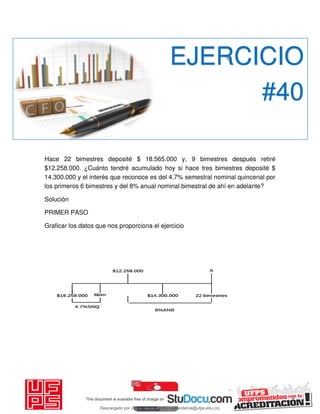 Hace 22 bimestres deposité $ 18.565.000 y, 9 bimestres después retiré
$12.258.000. ¿Cuánto tendré acumulado hoy si hace tres bimestres deposité $
14.300.000 y el interés que reconoce es del 4,7% semestral nominal quincenal por
los primeros 6 bimestres y del 8% anual nominal bimestral de ahí en adelante?
Solución
PRIMER PASO
Graficar los datos que nos proporciona el ejercicio
EJERCICIO
#40
Descargado por JUNIOR AOA (junioralexanderoa@ufps.edu.co)
lOMoARcPSD|3791696
 