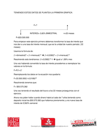 TENIENDO ESTOS DATOS SE PLANTEA LA PRIMERA GRAFICA:
F=?
INTERES= 3,82% BIMESTRAL n=22 meses
P=$33.500.000
Para empezar este ejercicio primero debemos transformar la tasa de interés que
nos dan a una tasa de interés mensual, que es la unidad de nuestro periodo ( 22
meses):
Usamos la fórmula de:
(1+ibimestral)6 = (1+imensual)12  (1+0,0382)6 = (1+imensual)12
Resolviendo esto tendríamos: (1+0,0382)1/2-1  igual a 1,89% mes
Una vez habiendo convertido la tasa de interés procedemos a reemplazar los
valores en la fórmula:
F=P(1+i)n
Reemplazando los datos en la ecuación nos quedaría:
F=33.500.000(1+0,0189)22
Resolviendo tenemos que:
F= $50.575.382
Una vez teniendo el resultado del futuro a los 22 meses proseguimos con el
ejercicio.
Ahora nos piden hallar cuando dinero habrá al cabo de 7 años teniendo como
deposito inicial los $50.575.382 que hallamos previamente y una nueva tasa de
interés de 0,562% semanal.
Descargado por JUNIOR AOA (junioralexanderoa@ufps.edu.co)
lOMoARcPSD|3791696
 