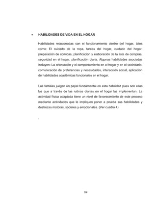89 
HABILIDADES DE VIDA EN EL HOGAR 
Habilidades relacionadas con el funcionamiento dentro del hogar, tales como: El cuidado de la ropa, tareas del hogar, cuidado del hogar, preparación de comidas, planificación y elaboración de la lista de compras, seguridad en el hogar, planificación diaria. Algunas habilidades asociadas incluyen: La orientación y el comportamiento en el hogar y en el vecindario, comunicación de preferencias y necesidades, interacción social, aplicación de habilidades académicas funcionales en el hogar. 
Las familias juegan un papel fundamental en esta habilidad pues son ellas las que a través de las rutinas diarias en el hogar las implementan. La actividad física adaptada tiene un nivel de favorecimiento de este proceso mediante actividades que le impliquen poner a prueba sus habilidades y destrezas motoras, sociales y emocionales. (Ver cuadro 4) 
.  