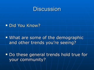 Discussion Did You Know? What are some of the demographic and other trends you’re seeing? Do these general trends hold true for your community? 