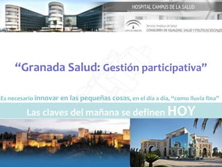 Manuel Bayona / Granada 2014
“Granada Salud: Gestión participativa”
Las claves del mañana se definen HOY
Es necesario innovar en las pequeñas cosas, en el día a día, “como lluvia fina”
 