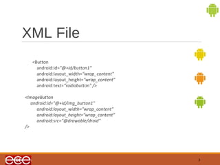 XML File 
<Button 
android:id="@+id/button1" 
android:layout_width="wrap_content" 
android:layout_height="wrap_content” 
android:text=“radiobutton" /> 
<ImageButton 
android:id="@+id/img_button1" 
android:layout_width="wrap_content" 
android:layout_height="wrap_content” 
android:src=“@drawable/droid” 
/> 
3 
 