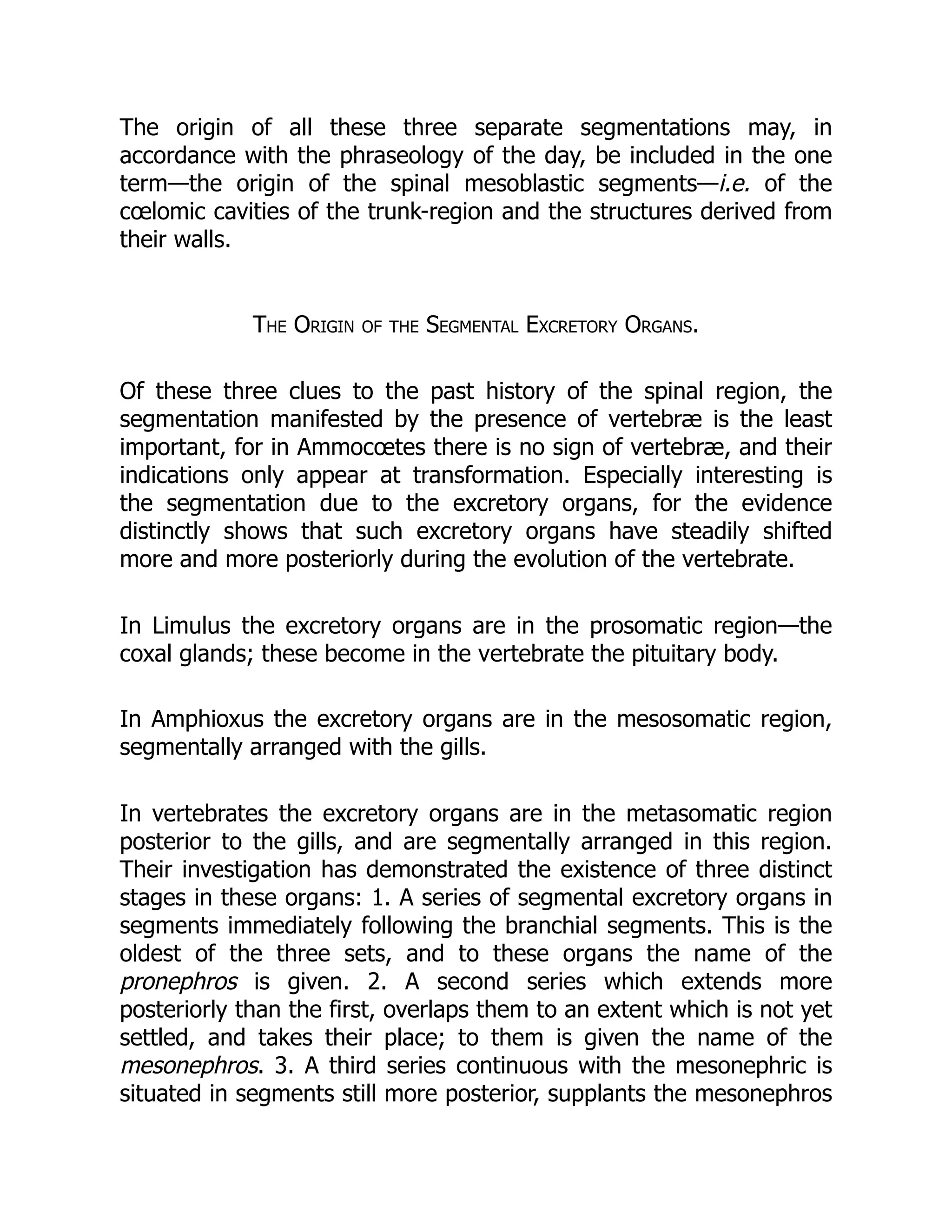 The origin of all these three separate segmentations may, in
accordance with the phraseology of the day, be included in the one
term—the origin of the spinal mesoblastic segments—i.e. of the
cœlomic cavities of the trunk-region and the structures derived from
their walls.
The Origin of the Segmental Excretory Organs.
Of these three clues to the past history of the spinal region, the
segmentation manifested by the presence of vertebræ is the least
important, for in Ammocœtes there is no sign of vertebræ, and their
indications only appear at transformation. Especially interesting is
the segmentation due to the excretory organs, for the evidence
distinctly shows that such excretory organs have steadily shifted
more and more posteriorly during the evolution of the vertebrate.
In Limulus the excretory organs are in the prosomatic region—the
coxal glands; these become in the vertebrate the pituitary body.
In Amphioxus the excretory organs are in the mesosomatic region,
segmentally arranged with the gills.
In vertebrates the excretory organs are in the metasomatic region
posterior to the gills, and are segmentally arranged in this region.
Their investigation has demonstrated the existence of three distinct
stages in these organs: 1. A series of segmental excretory organs in
segments immediately following the branchial segments. This is the
oldest of the three sets, and to these organs the name of the
pronephros is given. 2. A second series which extends more
posteriorly than the first, overlaps them to an extent which is not yet
settled, and takes their place; to them is given the name of the
mesonephros. 3. A third series continuous with the mesonephric is
situated in segments still more posterior, supplants the mesonephros
 