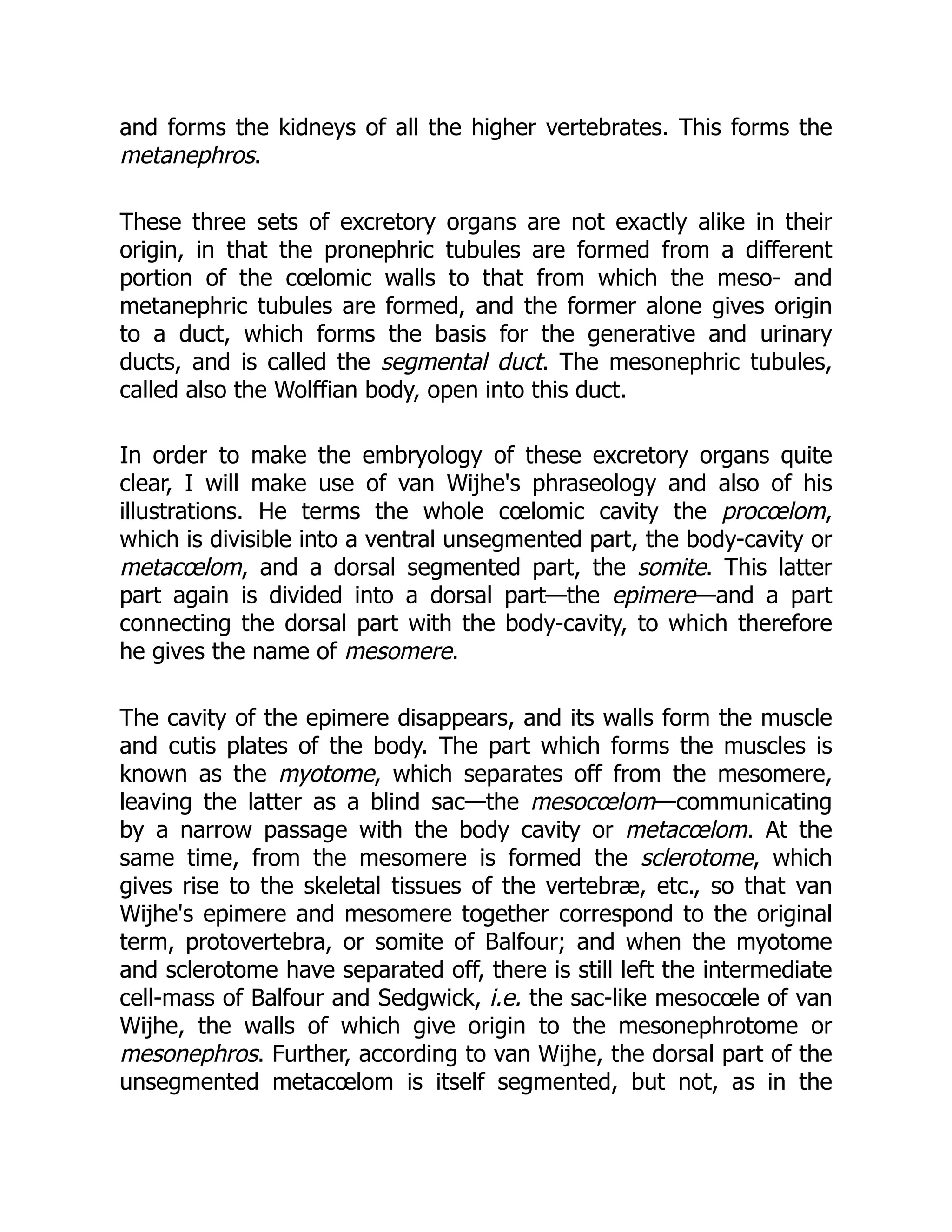 and forms the kidneys of all the higher vertebrates. This forms the
metanephros.
These three sets of excretory organs are not exactly alike in their
origin, in that the pronephric tubules are formed from a different
portion of the cœlomic walls to that from which the meso- and
metanephric tubules are formed, and the former alone gives origin
to a duct, which forms the basis for the generative and urinary
ducts, and is called the segmental duct. The mesonephric tubules,
called also the Wolffian body, open into this duct.
In order to make the embryology of these excretory organs quite
clear, I will make use of van Wijhe's phraseology and also of his
illustrations. He terms the whole cœlomic cavity the procœlom,
which is divisible into a ventral unsegmented part, the body-cavity or
metacœlom, and a dorsal segmented part, the somite. This latter
part again is divided into a dorsal part—the epimere—and a part
connecting the dorsal part with the body-cavity, to which therefore
he gives the name of mesomere.
The cavity of the epimere disappears, and its walls form the muscle
and cutis plates of the body. The part which forms the muscles is
known as the myotome, which separates off from the mesomere,
leaving the latter as a blind sac—the mesocœlom—communicating
by a narrow passage with the body cavity or metacœlom. At the
same time, from the mesomere is formed the sclerotome, which
gives rise to the skeletal tissues of the vertebræ, etc., so that van
Wijhe's epimere and mesomere together correspond to the original
term, protovertebra, or somite of Balfour; and when the myotome
and sclerotome have separated off, there is still left the intermediate
cell-mass of Balfour and Sedgwick, i.e. the sac-like mesocœle of van
Wijhe, the walls of which give origin to the mesonephrotome or
mesonephros. Further, according to van Wijhe, the dorsal part of the
unsegmented metacœlom is itself segmented, but not, as in the
 