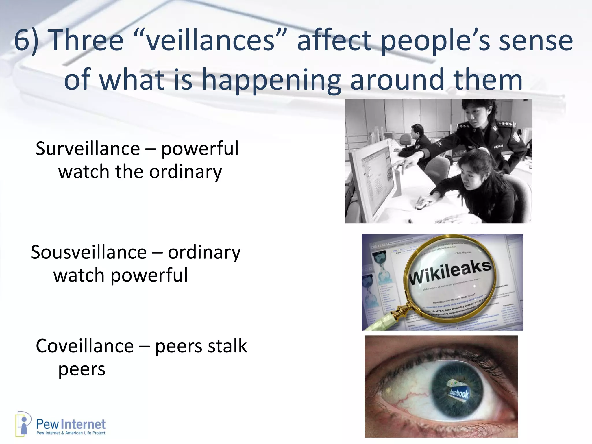 Surveillance – powerful watch the ordinary Sousveillance – ordinary watch powerful  Coveillance – peers stalk peers 6) Three “veillances” affect people’s sense of what is happening around them 