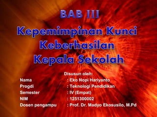 Disusun oleh:
Nama : Eko Nopi Hariyanto
Progdi : Teknologi Pendidikan
Semester : IV (Empat)
NIM : 1251300002
Dosen pengampu : Prof. Dr. Madyo Ekosusilo, M.Pd
 