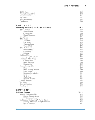 WINS Proxy 259
Troubleshooting WINS 260
Chapter Summary 261
Key Terms 261
Review Questions 262
Case Projects 265
CHAPTER NINE
Securing Network Traffic Using IPSec 267
IPSec Overview 268
Authentication 268
Cryptography 269
Digital Signatures 270
Using IPSec 271
IPSec Modes 272
AH Mode 273
ESP Mode 273
Transport Mode 273
Tunnel Mode 274
IPSec Authentication 275
Preshared Key 276
Certificates 276
Kerberos 277
Enabling IPSec 277
Assigning IPSec Policies 278
Creating an IPSec Policy 280
Creating Rules 284
IPSec Filter Lists 288
Filter Actions 292
Troubleshooting IPSec 298
Ping 299
IPSec Security Monitor 299
EventViewer 300
Resultant Set of Policy 301
Netsh 301
Oakley Logs 301
Network Monitor 301
Chapter Summary 302
Key Terms 303
Review Questions 305
Case Projects 308
CHAPTER TEN
Remote Access 311
Remote Access Overview 312
Dial-up Remote Access 312
VPN Remote Access 313
Enabling and Configuring A Dial-up Server 313
Enabling RRAS for Dial-up Connections 317
Dial-up Protocols 321
Table of Contents ix
 