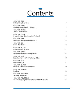 BRIEF
Contents
CHAPTER ONE
Networking Overview 1
CHAPTER TWO
Configuring Network Protocols 27
CHAPTER THREE
TCP/IP Architecture 71
CHAPTER FOUR
Dynamic Host Configuration Protocol 99
CHAPTER FIVE
Managing and Monitoring DHCP 135
CHAPTER SIX
Name Resolution 157
CHAPTER SEVEN
Domain Name System 191
CHAPTER EIGHT
Windows Internet Naming Service 241
CHAPTER NINE
Securing Network Traffic Using IPSec 267
CHAPTER TEN
Remote Access 311
CHAPTER ELEVEN
Internet Authentication Service 369
CHAPTER TWELVE
Routing 395
CHAPTER THIRTEEN
Security Templates 435
CHAPTER FOURTEEN
Troubleshooting Windows Server 2003 Networks 461
 