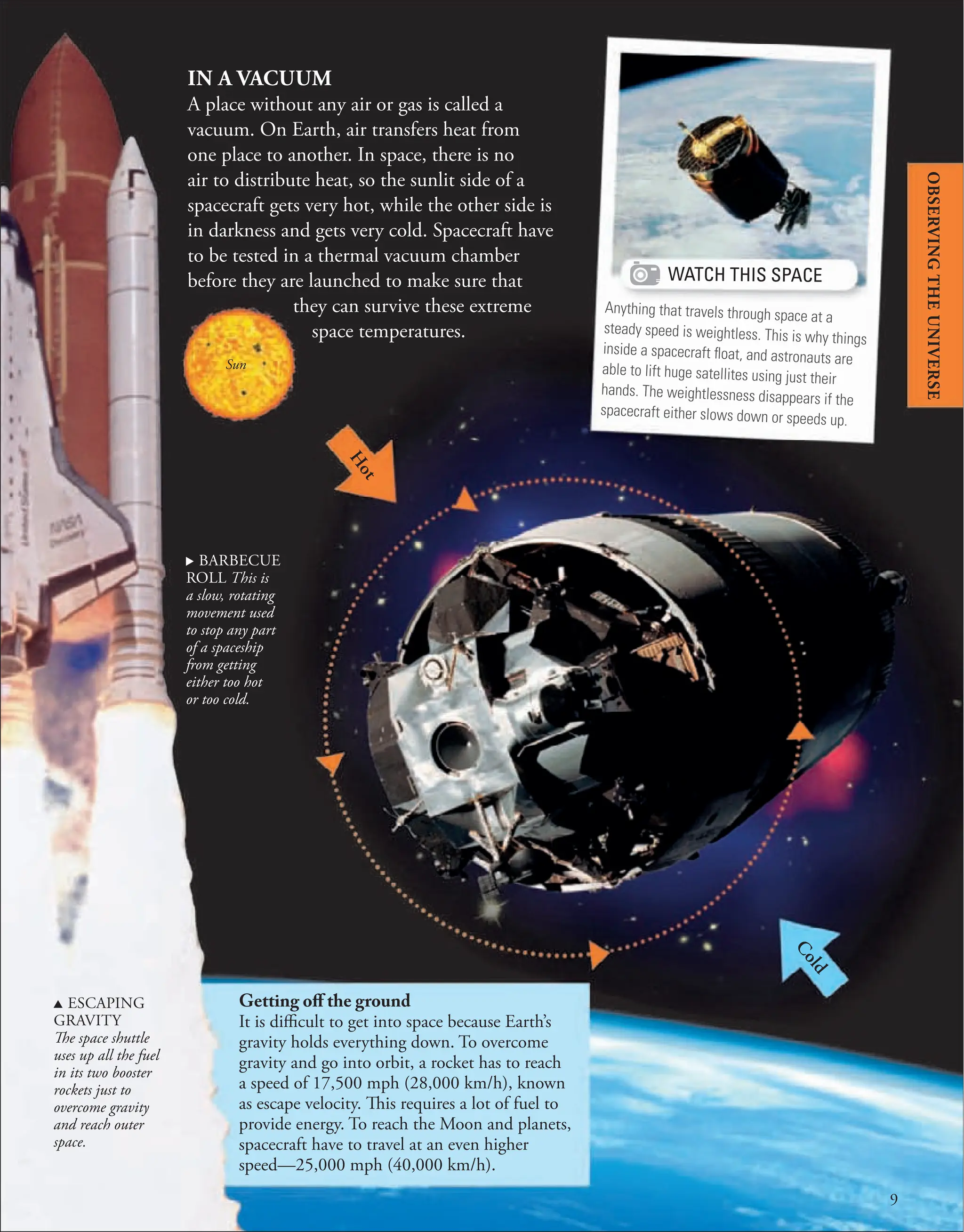 9
H
o
t
C
o
l
d
. BARBECUE
ROLL This is
a slow, rotating
movement used
to stop any part
of a spaceship
from getting
either too hot
or too cold.
IN A VACUUM
A place without any air or gas is called a
vacuum. On Earth, air transfers heat from
one place to another. In space, there is no
air to distribute heat, so the sunlit side of a
spacecraft gets very hot, while the other side is
in darkness and gets very cold. Spacecraft have
to be tested in a thermal vacuum chamber
before they are launched to make sure that
they can survive these extreme
space temperatures.
Sun
u ESCAPING
GRAVITY
The space shuttle
uses up all the fuel
in its two booster
rockets just to
overcome gravity
and reach outer
space.
Getting off the ground
It is difficult to get into space because Earth’s
gravity holds everything down. To overcome
gravity and go into orbit, a rocket has to reach
a speed of 17,500 mph (28,000 km/h), known
as escape velocity. This requires a lot of fuel to
provide energy. To reach the Moon and planets,
spacecraft have to travel at an even higher
speed—25,000 mph (40,000 km/h).
WATCH THIS SPACE
Anything that travels through space at a
steady speed is weightless. This is why things
inside a spacecraft ﬂoat, and astronauts are
able to lift huge satellites using just their
hands. The weightlessness disappears if the
spacecraft either slows down or speeds up.
OBSERVING
THE
UNIVERSE
 