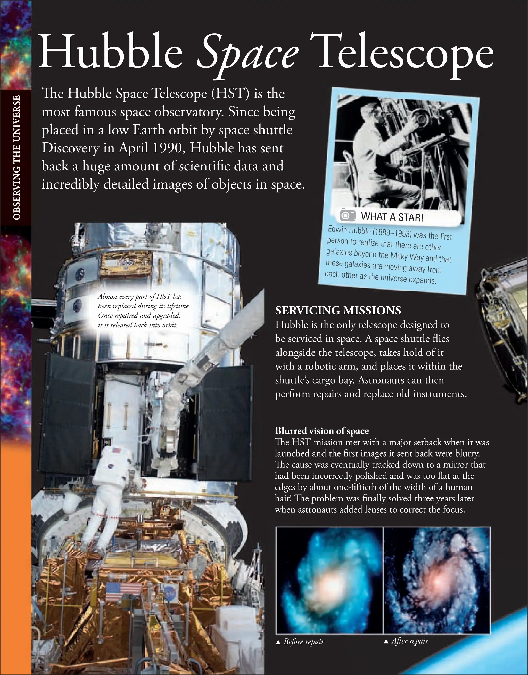 Hubble Space Telescope
The Hubble Space Telescope (HST) is the
most famous space observatory. Since being
placed in a low Earth orbit by space shuttle
Discovery in April 1990, Hubble has sent
back a huge amount of scientific data and
incredibly detailed images of objects in space.
SERVICING MISSIONS
Hubble is the only telescope designed to
be serviced in space. A space shuttle flies
alongside the telescope, takes hold of it
with a robotic arm, and places it within the
shuttle’s cargo bay. Astronauts can then
perform repairs and replace old instruments.
Blurred vision of space
The HST mission met with a major setback when it was
launched and the first images it sent back were blurry.
The cause was eventually tracked down to a mirror that
had been incorrectly polished and was too flat at the
edges by about one-fiftieth of the width of a human
hair! The problem was finally solved three years later
when astronauts added lenses to correct the focus.
WHAT A STAR!
Edwin Hubble (1889–1953) was the ﬁrst
person to realize that there are other
galaxies beyond the Milky Way and that
these galaxies are moving away from
each other as the universe expands.
Almost every part of HST has
been replaced during its lifetime.
Once repaired and upgraded,
it is released back into orbit.
u Before repair u After repair
OBSERVING
THE
UNIVERSE
 