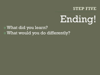 Ending!
What did you learn?
What would you do differently?