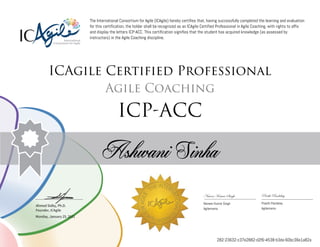 Ahmed Sidky, Ph.D.
Founder, ICAgile
The International Consortium for Agile (ICAgile) hereby certifies that, having successfully completed the learning and evaluation
for this certification, the holder shall be recognized as an ICAgile Certified Professional in Agile Coaching, with rights to affix
and display the letters ICP-ACC. This certification signifies that the student has acquired knowledge (as assessed by
instructors) in the Agile Coaching discipline.
ICAgile Certified Professional
Agile Coaching
ICP-ACC
Ashwani Sinha
Naveen Kumar Singh Preeth Pandalay
Naveen Kumar Singh Preeth Pandalay
Agilemania Agilemania
Monday, January 25, 2021
282-23632-c37e2882-d2f6-4538-b3da-60bc36e1a82a
 