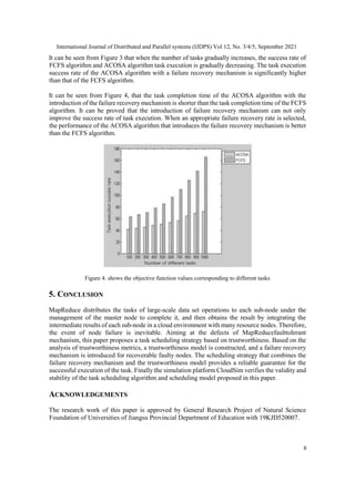International Journal of Distributed and Parallel systems (IJDPS) Vol 12, No. 3/4/5, September 2021
8
It can be seen from Figure 3 that when the number of tasks gradually increases, the success rate of
FCFS algorithm and ACOSA algorithm task execution is gradually decreasing. The task execution
success rate of the ACOSA algorithm with a failure recovery mechanism is significantly higher
than that of the FCFS algorithm.
It can be seen from Figure 4, that the task completion time of the ACOSA algorithm with the
introduction of the failure recovery mechanism is shorter than the task completion time of the FCFS
algorithm. It can be proved that the introduction of failure recovery mechanism can not only
improve the success rate of task execution. When an appropriate failure recovery rate is selected,
the performance of the ACOSA algorithm that introduces the failure recovery mechanism is better
than the FCFS algorithm.
Figure 4. shows the objective function values corresponding to different tasks
5. CONCLUSION
MapReduce distributes the tasks of large-scale data set operations to each sub-node under the
management of the master node to complete it, and then obtains the result by integrating the
intermediate results of each sub-node in a cloud environment with many resource nodes. Therefore,
the event of node failure is inevitable. Aiming at the defects of MapReducefaulttolerant
mechanism, this paper proposes a task scheduling strategy based on trustworthiness. Based on the
analysis of trustworthiness metrics, a trustworthiness model is constructed, and a failure recovery
mechanism is introduced for recoverable faulty nodes. The scheduling strategy that combines the
failure recovery mechanism and the trustworthiness model provides a reliable guarantee for the
successful execution of the task. Finally the simulation platform CloudSim verifies the validity and
stability of the task scheduling algorithm and scheduling model proposed in this paper.
ACKNOWLEDGEMENTS
The research work of this paper is approved by General Research Project of Natural Science
Foundation of Universities of Jiangsu Provincial Department of Education with 19KJD520007.
 