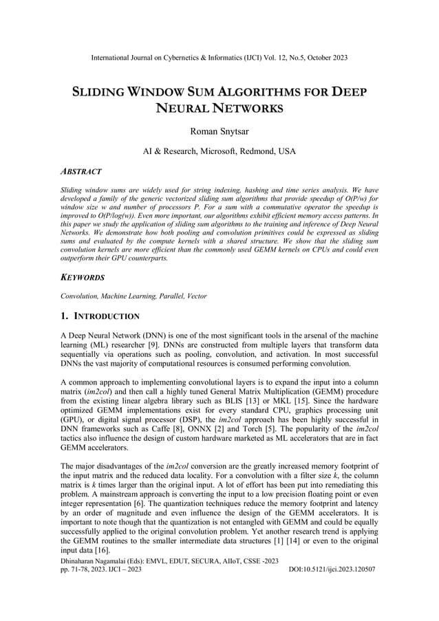 SLIDING WINDOW SUM ALGORITHMS FOR DEEP NEURAL NETWORKS PDF