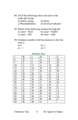 Chemistry MCQs Test for Entry Test | PDF