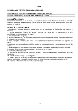 21
ANEXO II
DESCRIÇÃO E ESPECIFICAÇÃO DOS CARGOS.
DENOMINAÇÃO DO CARGO: TÉCNICO DO MINISTÉRIO PÚBLICO
GRUPO OCUPACIONAL: ATIVIDADE DE NÍVEL MÉDIO - ANM
DESCRIÇÃO SUMÁRIA:
Desenvolver atividade de nível médio, de complexidade mediana, de ordem auxiliar, de natureza
repetitiva, referente à execução de todo e qualquer serviço de caráter administrativo, financeiro,
pessoal ou material.
DESCRIÇÃO EXEMPLIFICATIVA:
1. coordenar e executar trabalhos relacionados com a organização e atualização dos arquivos e
fichários;
2. redigir instruções, ordens de serviço, minutas de cartas, ofícios, memorandos e atos
administrativos sobre assuntos do órgão;
3. minutar contratos em geral;
4. auxiliar na aquisição e no suprimento de material permanente e de consumo, divulgação de editais
e outras tarefas correlatas;
5. fazer anotações nas fichas, nos livros e nos exemplares de ocorrência verificadas nos registros em
geral;
6. colaborar com a redação de relatórios anuais ou parciais atendendo a exigências ou normas do
órgão;
7. expedir atestados, lavrar termos de posse, apostilas, certidões e termos de ocorrência em geral;
8. preparar documentos necessários para o funcionamento do órgão;
9. realizar registros em geral;
10. secretariar autoridades de hierarquia superior, digitando expedientes relacionados as suas
atividades;
11. providenciar os serviços de reprografia;
12. sugerir métodos e processos de trabalho para simplificação, recebimento, classificação, registro,
guarda, codificação, tramitação e conservação de documentos, processos e papéis em geral; e
13. executar outras atividades compatíveis com o cargo.
 