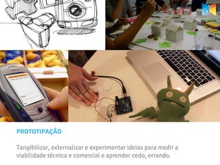 PROTOTIPAÇÃO

Tangibilizar, externalizar e experimentar ideias para medir a
viabilidade técnica e comercial e aprender cedo, errando.
 