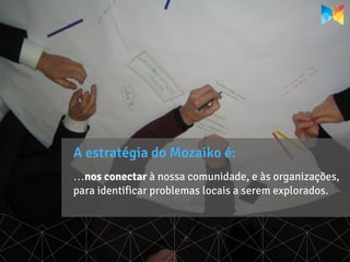 A estratégia do Mozaiko é:
…nos conectar à nossa comunidade, e às organizações,
para identificar problemas locais a serem explorados.
 