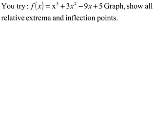 You try : f ( x ) = x + 3 x − 9 x + 5 Graph, show all
                   3     2


relative extrema and inflection points.
 