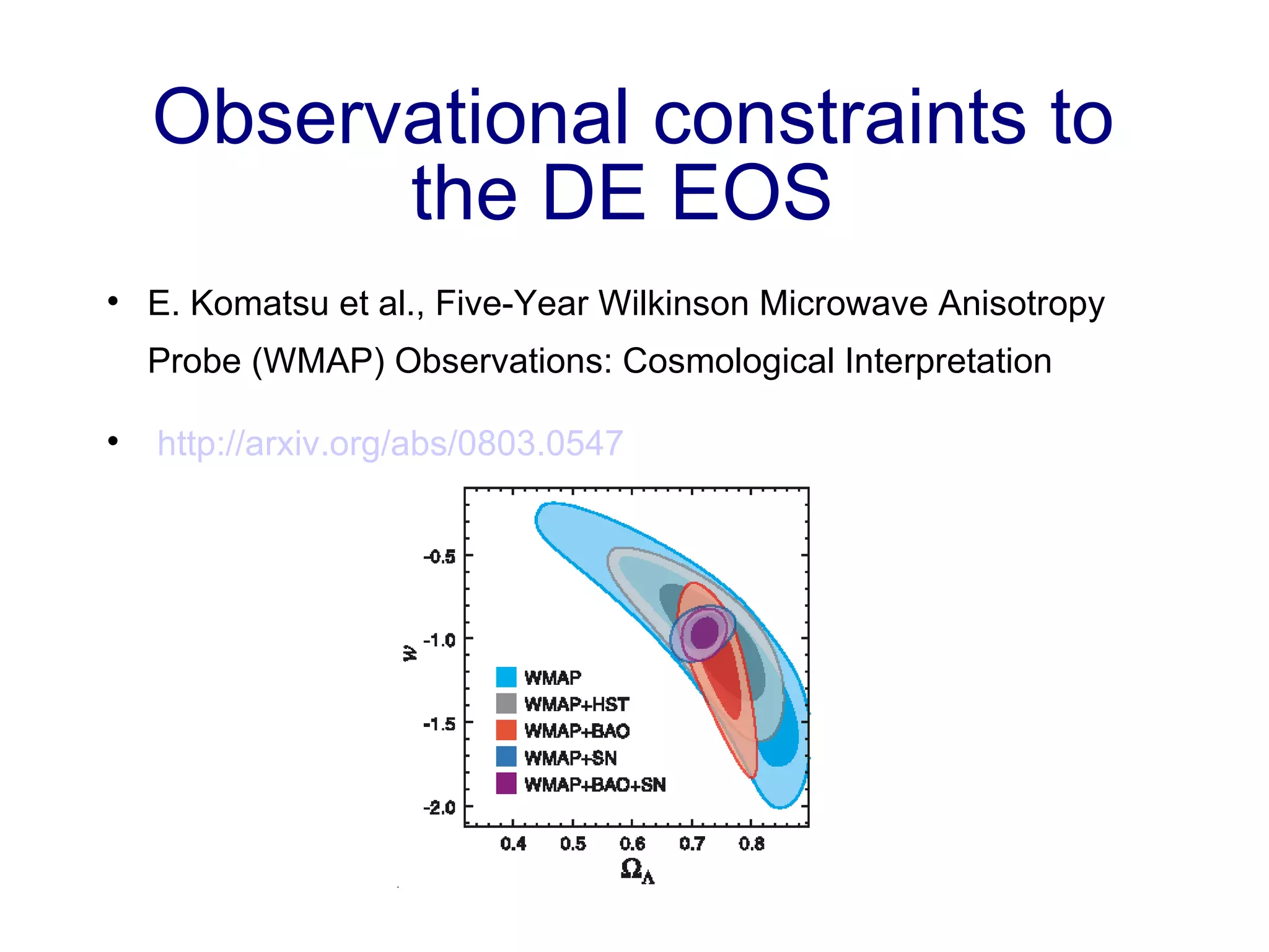 Observational constraints to the DE EOS  E. Komatsu et al., Five-Year Wilkinson Microwave Anisotropy Probe (WMAP) Observations: Cosmological Interpretation http://arxiv.org/abs/0803.0547 