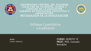 UNIVERSIDAD CENTRAL DEL ECUADOR
FACULTAD DE FILOSOFÍA, LETRAS Y
CIENCIAS DE LA EDUCACIÓN
CARRERA DE PSICOLOGÍA EDUCATIVA Y
ORIENTACIÓN
METODOLOGÍA DE LA INVESTIGACIÓN
Autor:
Carlos Valencia
Enfoque Cuantitativo
y Cualitativo
CURSO: QUINTO “A”
PROF.: PhD. Gonzalo
Remache
 