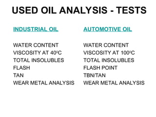 USED OIL ANALYSIS - TESTS
INDUSTRIAL OIL
WATER CONTENT
VISCOSITY AT 400
C
TOTAL INSOLUBLES
FLASH
TAN
WEAR METAL ANALYSIS
AUTOMOTIVE OIL
WATER CONTENT
VISCOSITY AT 1000
C
TOTAL INSOLUBLES
FLASH POINT
TBN/TAN
WEAR METAL ANALYSIS
 