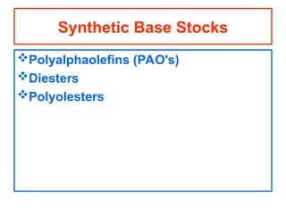 Polyalphaolefins (PAO's)
Diesters
Polyolesters
Synthetic Base Stocks
 